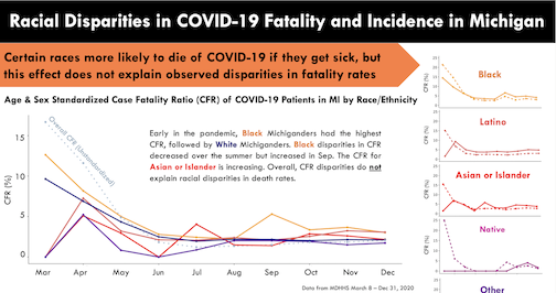 image  of the Racial Disparities in COVID-19 Fatality and Incidence in Michigan infographic